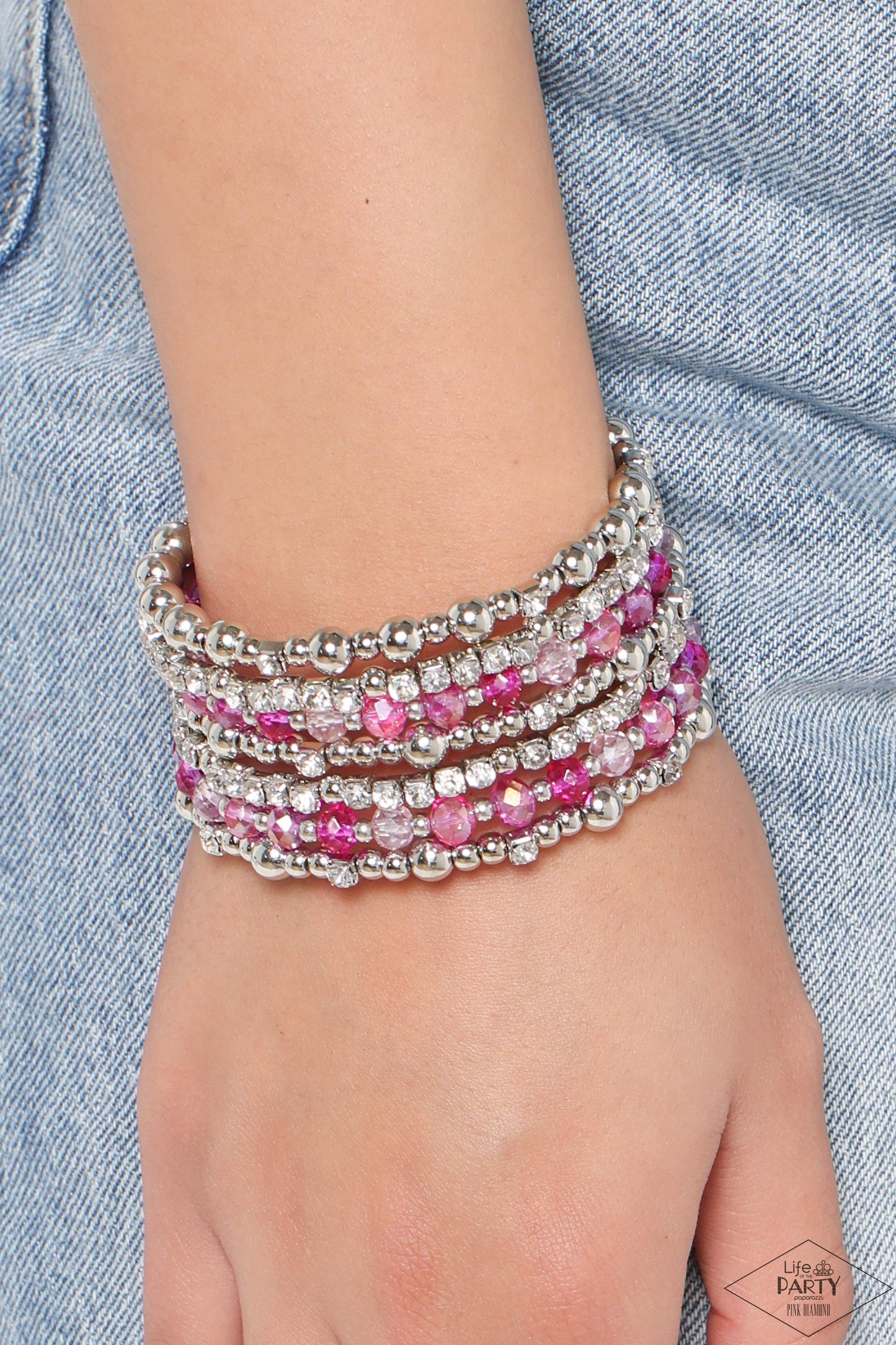 ICE Knowing You - Pink Crystal & White Rhinestone Silver Coil Bracelet - Paparazzi Accessories
