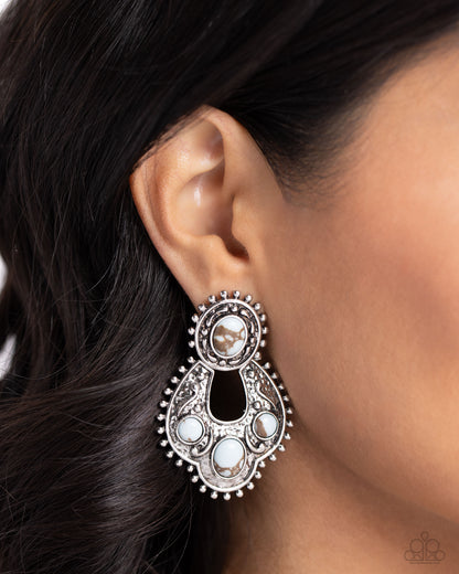 Handcrafted Horseshoe - Blue Marbled Stone Post Earrings - Paparazzi Accessories