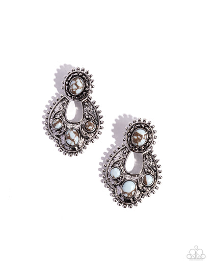 Handcrafted Horseshoe - Blue Marbled Stone Post Earrings - Paparazzi Accessories