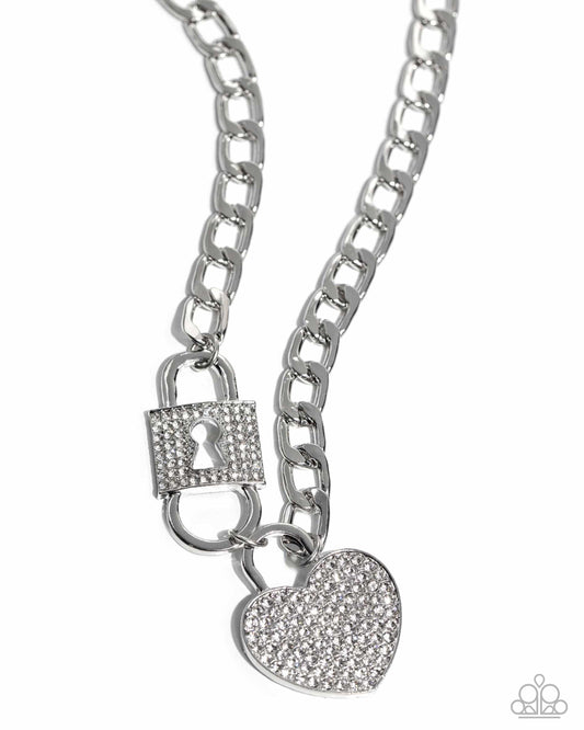 Lock Up Your Love - White Rhinestone Heart & Padlock Necklace - Life of the Party Exclusive - Paparazzi Accessories