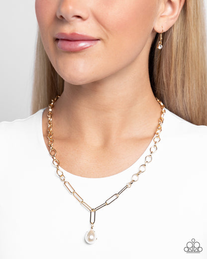 Refined Record - Gold White Pearl Teardrop Necklace - Paparazzi Accessories