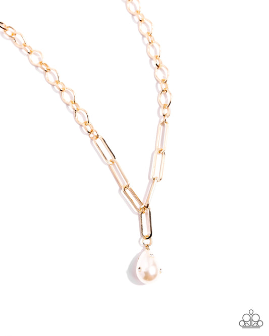 Refined Record - Gold White Pearl Teardrop Necklace - Paparazzi Accessories