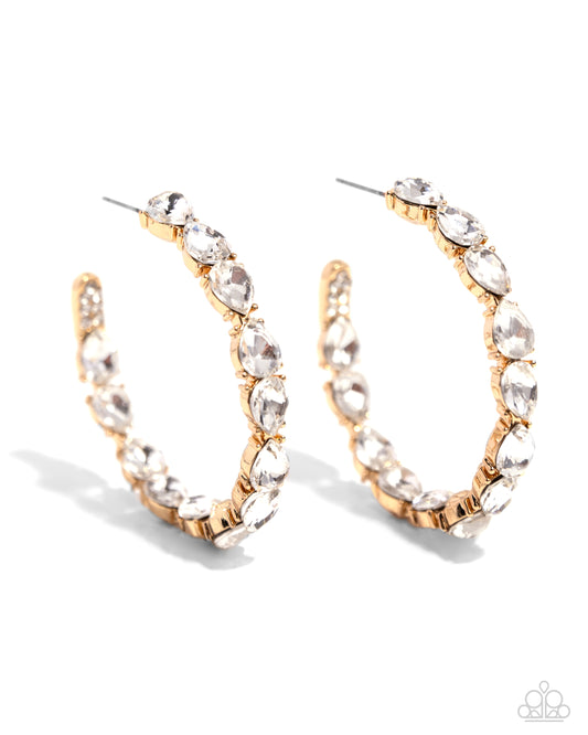 Presidential Pizzazz - Gold & White Rhinestone Hoop Earrings - Paparazzi Accessories