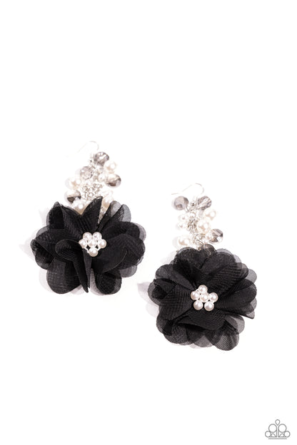 Fashionable Flower Girl - Black Tulle & Pearls Fishhook Earrings - Paparazzi Accessories