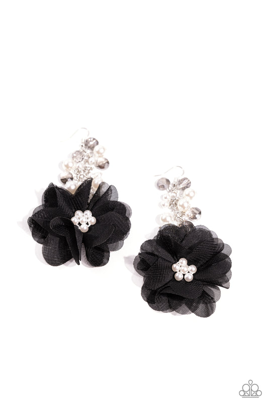 Fashionable Flower Girl - Black Tulle & Pearls Fishhook Earrings - Paparazzi Accessories