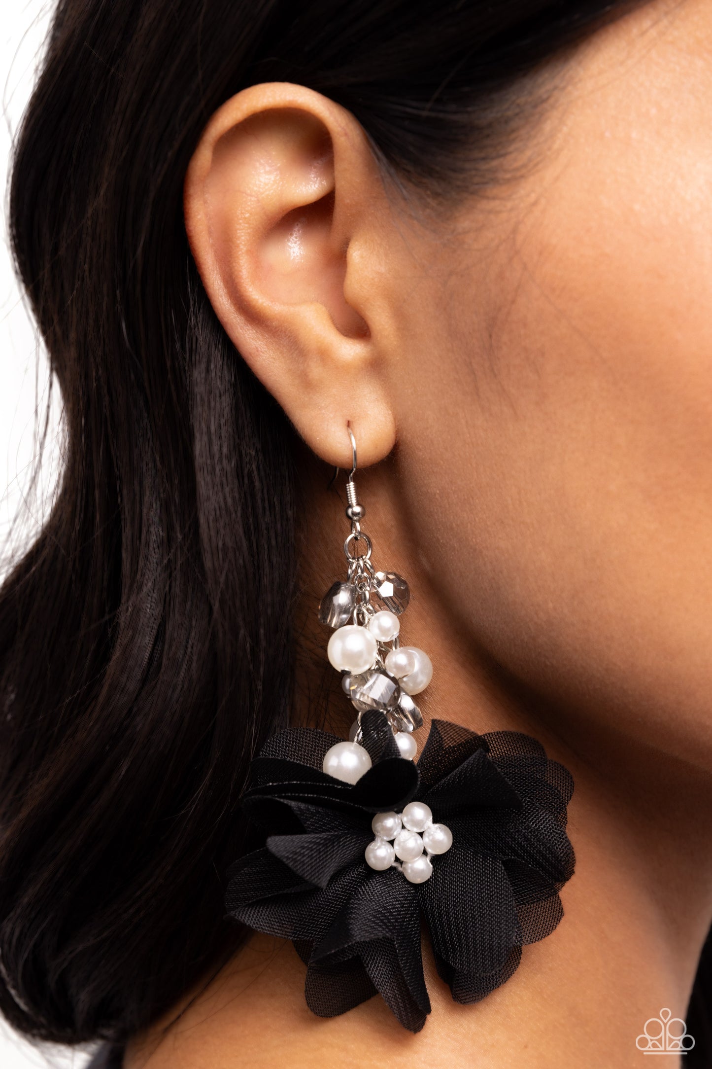 Fashionable Flower Girl - Black Tulle & Pearls Fishhook Earrings - Paparazzi Accessories