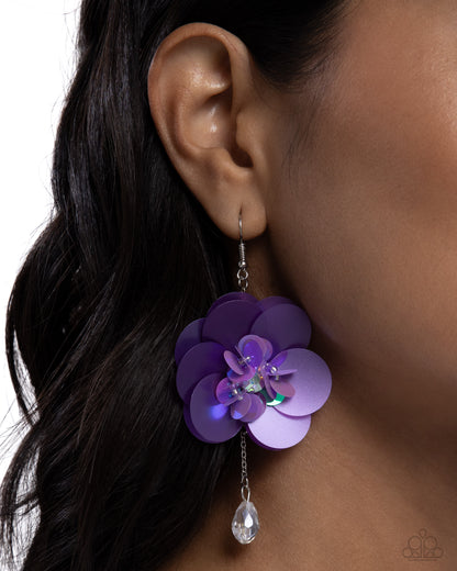 Oversized Opulence - Purple Sequin Flower Fishhook Earrings - Paparazzi Accessories