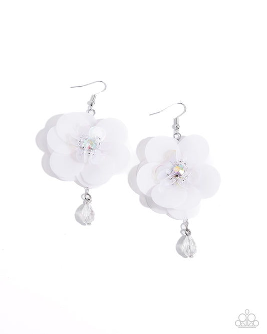 Oversized Opulence - White Sequin Flower Fishhook Earrings - Paparazzi Accessories