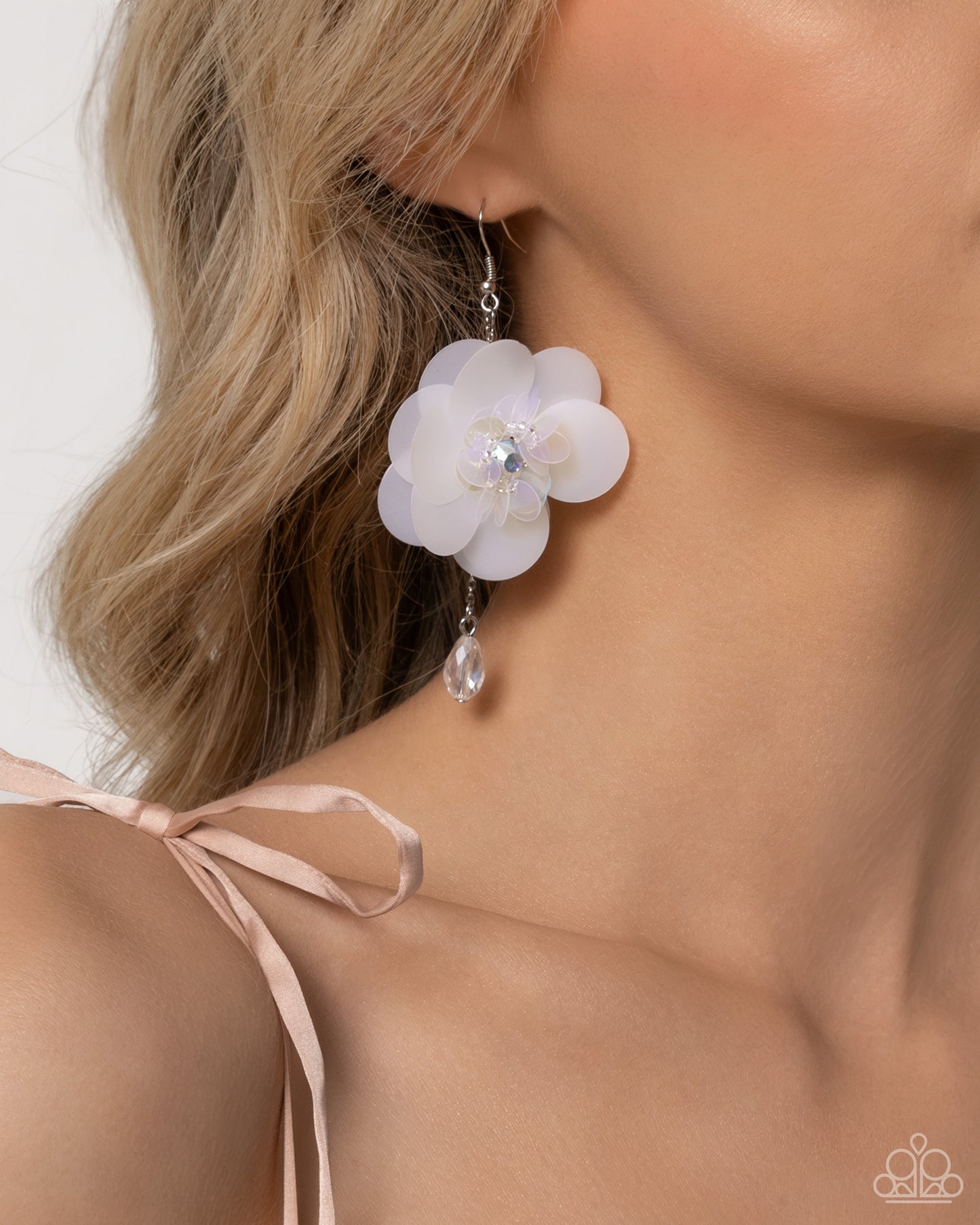 Oversized Opulence - White Sequin Flower Fishhook Earrings - Paparazzi Accessories