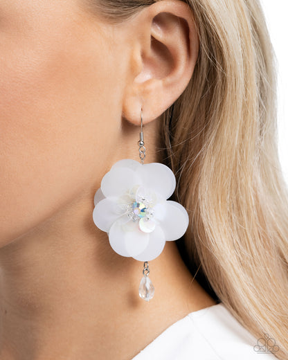 Oversized Opulence - White Sequin Flower Fishhook Earrings - Paparazzi Accessories