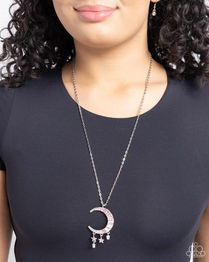 Lunar Landmark - Pink Iridescent Moon Necklace - Paparazzi Accessories