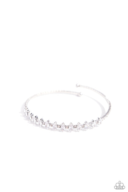 Dandy Dancer - White Marquise Rhinestone Flex Cuff/Coil Bracelet - Paparazzi Accessories