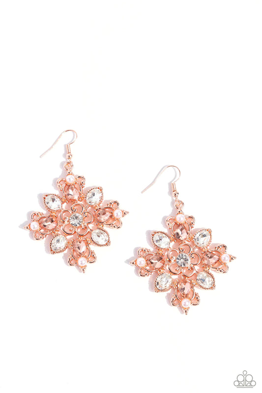 Fancy-Free Florals - Copper Filigree Pearl & Rhinestone Fishhook Earrings - Paparazzi Accessories
