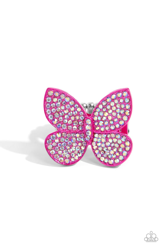 Aerial Ambassador - Pink Dipped Metal Iridescent Butterfly Ring - Paparazzi Accessories