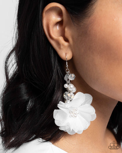Fashionable Flower Girl - White Chiffon Flower Fishhook Earrings - Paparazzi Accessories