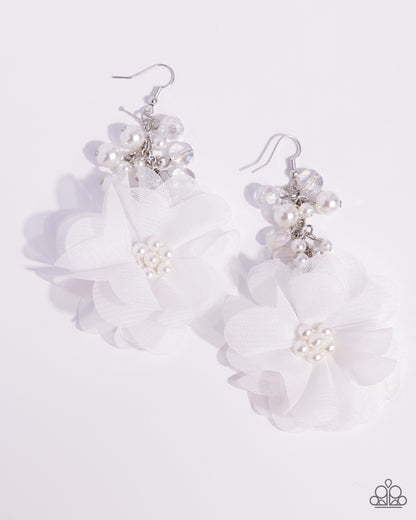Fashionable Flower Girl - White Chiffon Flower Fishhook Earrings - Paparazzi Accessories