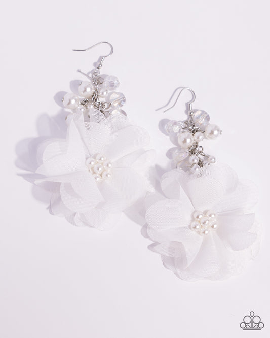 Fashionable Flower Girl - White Chiffon Flower Fishhook Earrings - Paparazzi Accessories