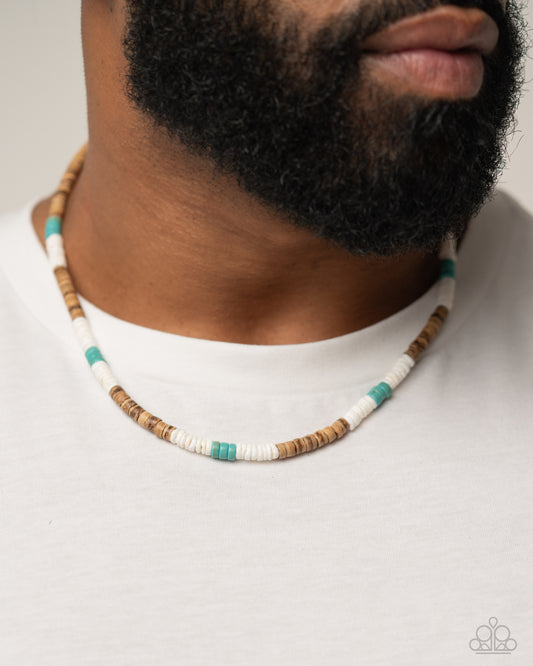 Wood Wardrobe - Blue Turquoise, Wood and Shell Urban Necklace - Paparazzi Accessories