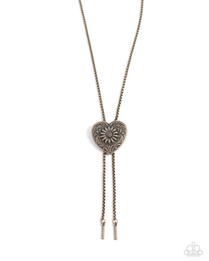 Sunflower Sensitivity - Brass Heart Bolo Necklace - Paparazzi Accessories