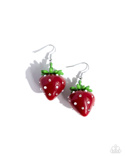 Strawberry Sentiment - Red - Pearl & Rhinestone Accent Fishhook Earrings - Paparazzi Accessories