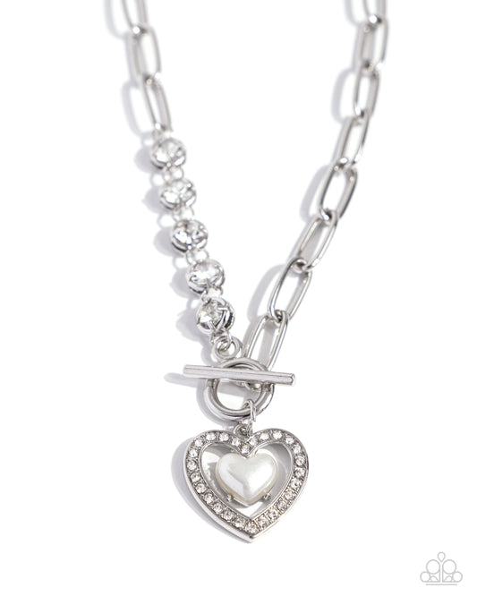 Soft-Hearted Style - White Pearl Heart Toggle Necklace - Paparazzi Accessories