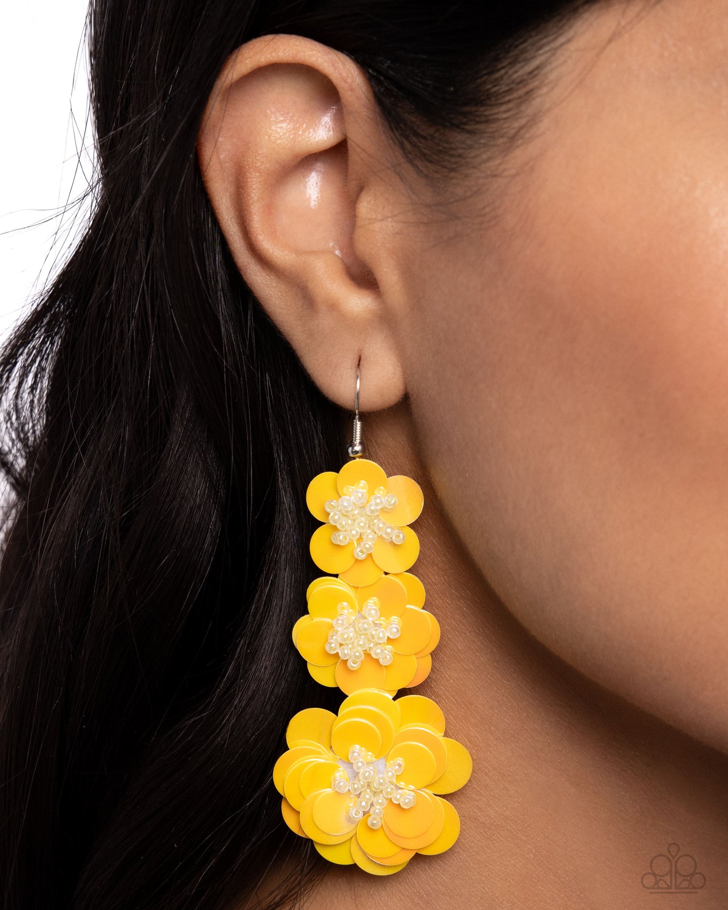 Beaded Bouquet - Yellow Sequin Silver Fishhook Earrings - Paparazzi Accessories