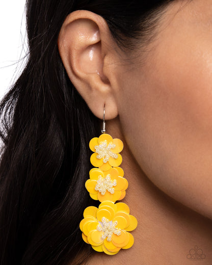 Beaded Bouquet - Yellow Sequin Silver Fishhook Earrings - Paparazzi Accessories
