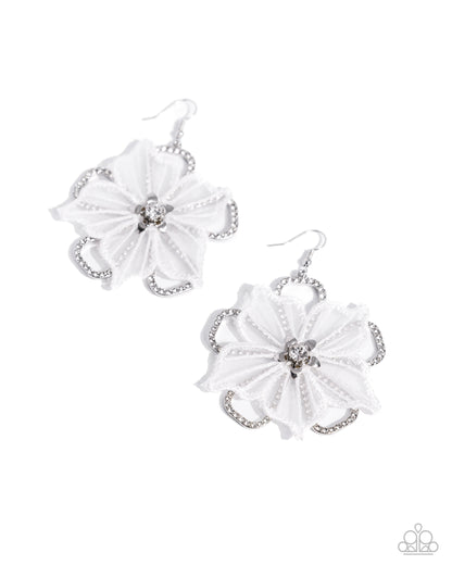 Refined Recognition - White Lace Flower Fishhook Earrings - Paparazzi Accessories