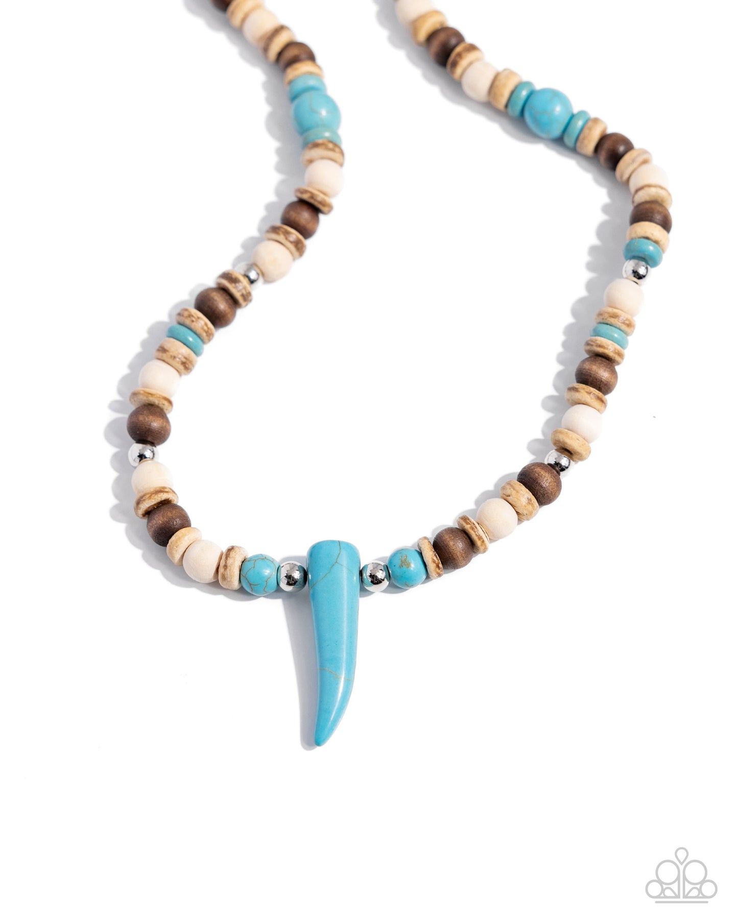 Pointed Patchwork - Blue Stone Wooden Bead Urban Necklace - Paparazzi Accessories