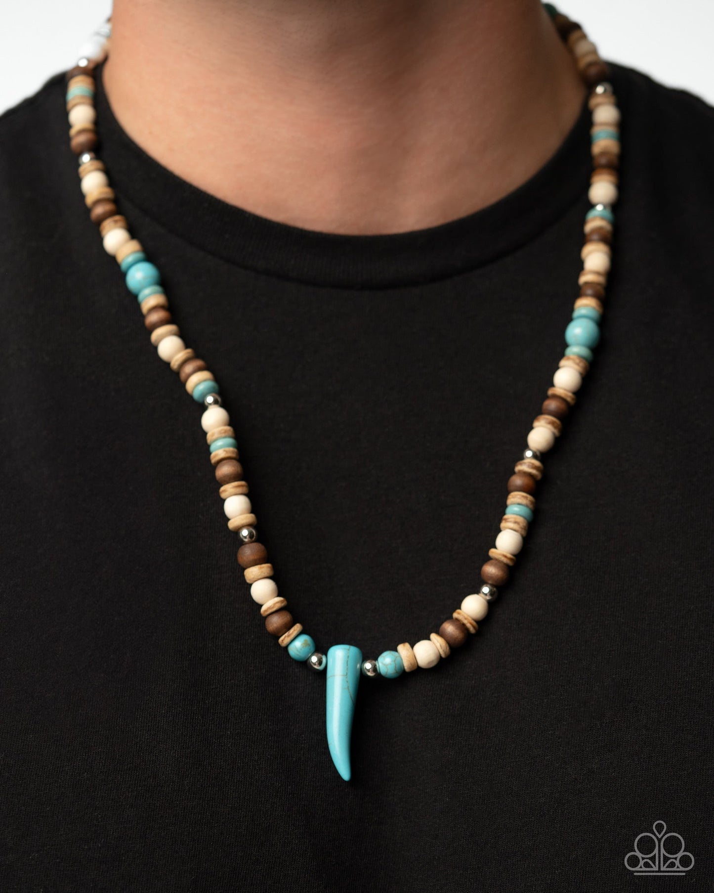 Pointed Patchwork - Blue Stone Wooden Bead Urban Necklace - Paparazzi Accessories