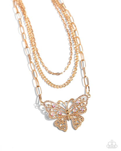 Winged Wonder - Gold Iridescent Butterfly Necklace - Black Diamond Exclusive - Paparazzi Accessories