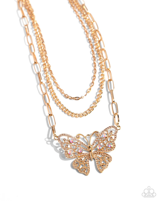 Winged Wonder - Gold Iridescent Butterfly Necklace - Black Diamond Exclusive - Paparazzi Accessories