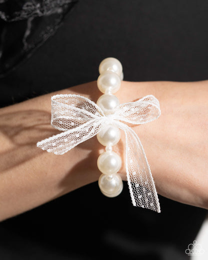 Girly Glam - White Stretchy Bracelet - Paparazzi Accessories