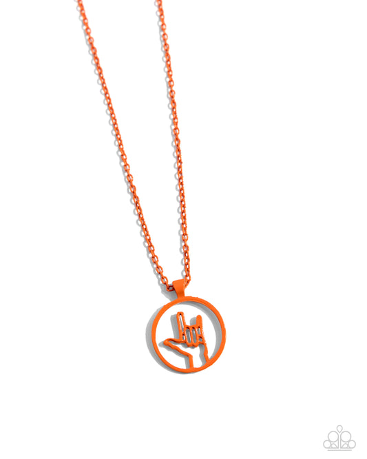 Abstract ASL - Orange Dipped Metal "I love you" Necklace - Paparazzi Accessories