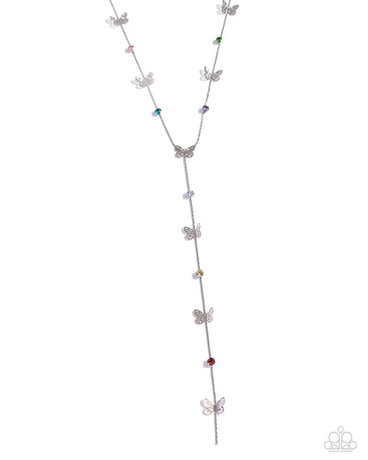 Aerial Attention - Multi Rhinestone Silver Butterfly Y-shaped Necklace - Paparazzi Accessories