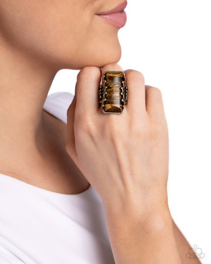 Scalloped Stone - Brass & Tiger's Eye Stone Ring - Paparazzi Accessories