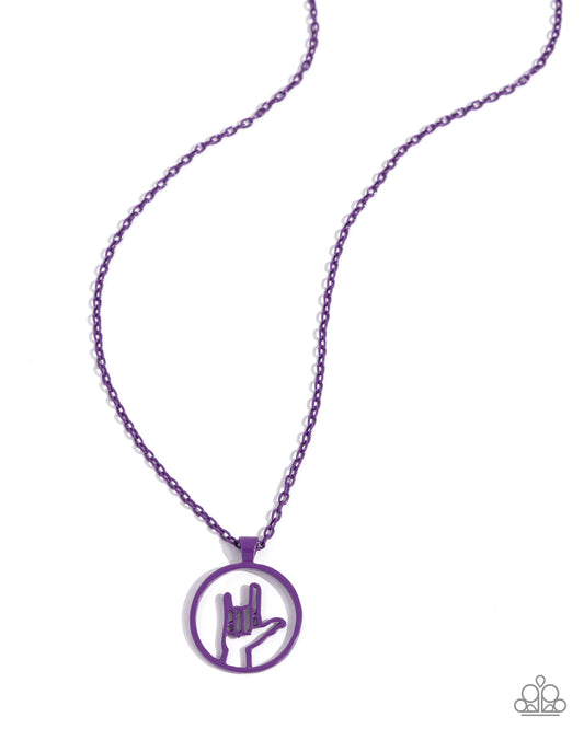 Abstract ASL - Purple Dipped Metal "I love you" Necklace - Paparazzi Accessories