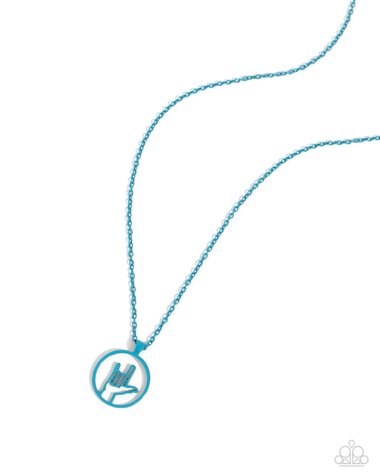 Abstract ASL - Blue Dipped Metal "I love you" Necklace - Paparazzi Accessories