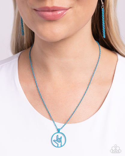Abstract ASL - Blue Dipped Metal "I love you" Necklace - Paparazzi Accessories