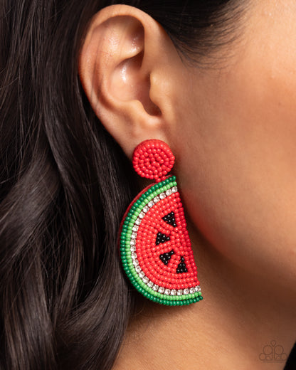 Watermelon Welcome - Red Seed Bead Post Earrings - Paparazzi Accessories