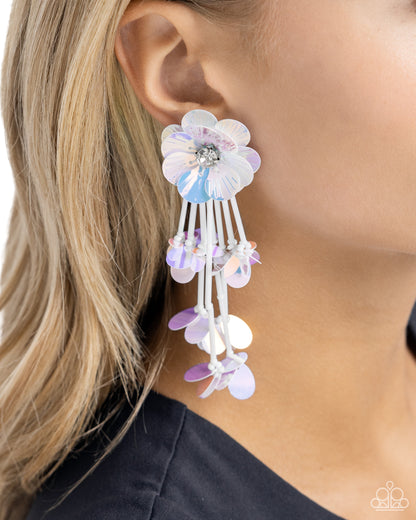Floral Future - White Sequin Flower Post Earrings - Paparazzi Accessories