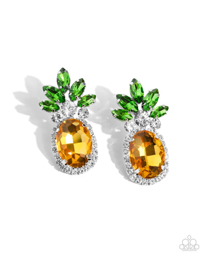 Prismatic Pineapple - Yellow Rhinestone Post Earrings - Paparazzi Accessories