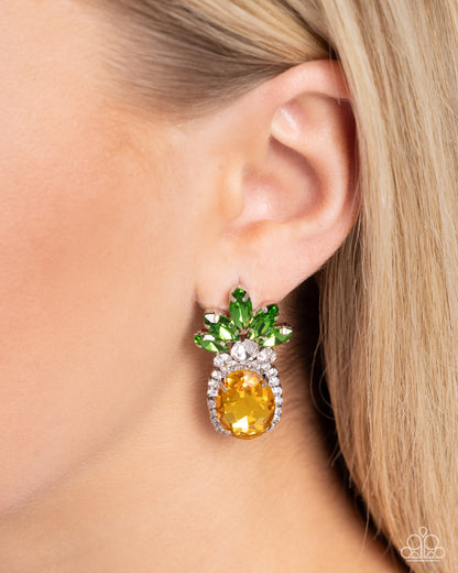 Prismatic Pineapple - Yellow Rhinestone Post Earrings - Paparazzi Accessories