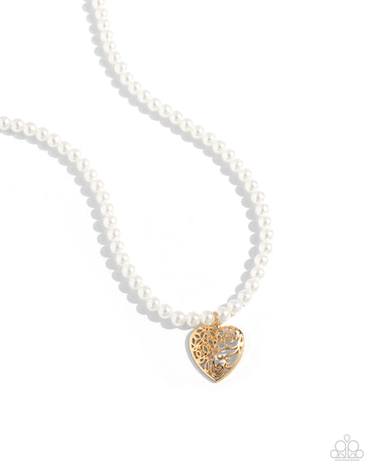 Filigree Infatuation - Gold Heart Pearl Necklace - Paparazzi Accessories