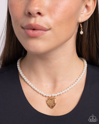 Filigree Infatuation - Gold Heart Pearl Necklace - Paparazzi Accessories