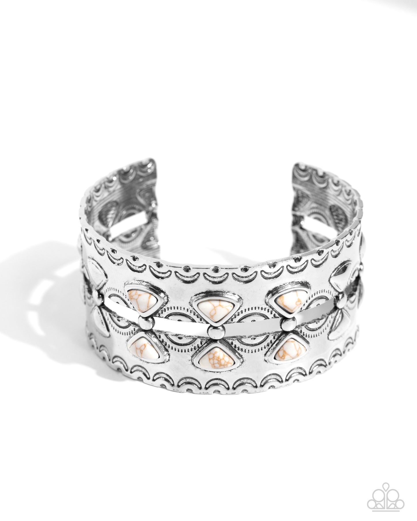 Harmonious Haven - White Stone Silver Cuff Bracelet - Paparazzi Accessories