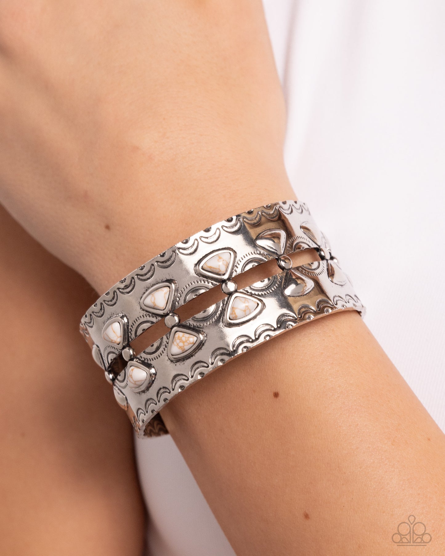 Harmonious Haven - White Stone Silver Cuff Bracelet - Paparazzi Accessories