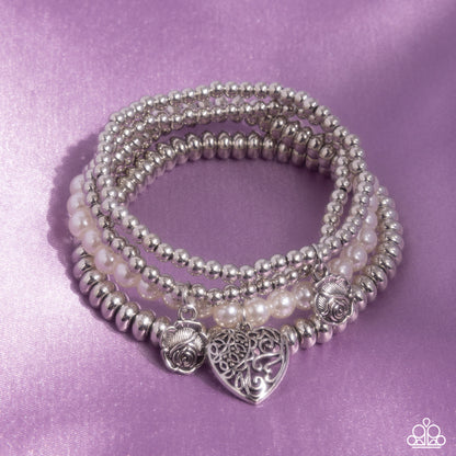 Filigree Fairytale - White Pearl & Silver Heart Charms Stretchy Bracelet - Paparazzi Accessories