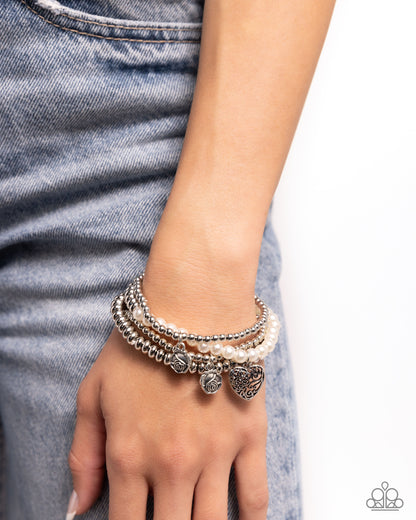 Filigree Fairytale - White Pearl & Silver Heart Charms Stretchy Bracelet - Paparazzi Accessories