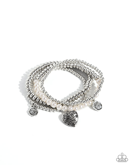 Filigree Fairytale - White Pearl & Silver Heart Charms Stretchy Bracelet - Paparazzi Accessories